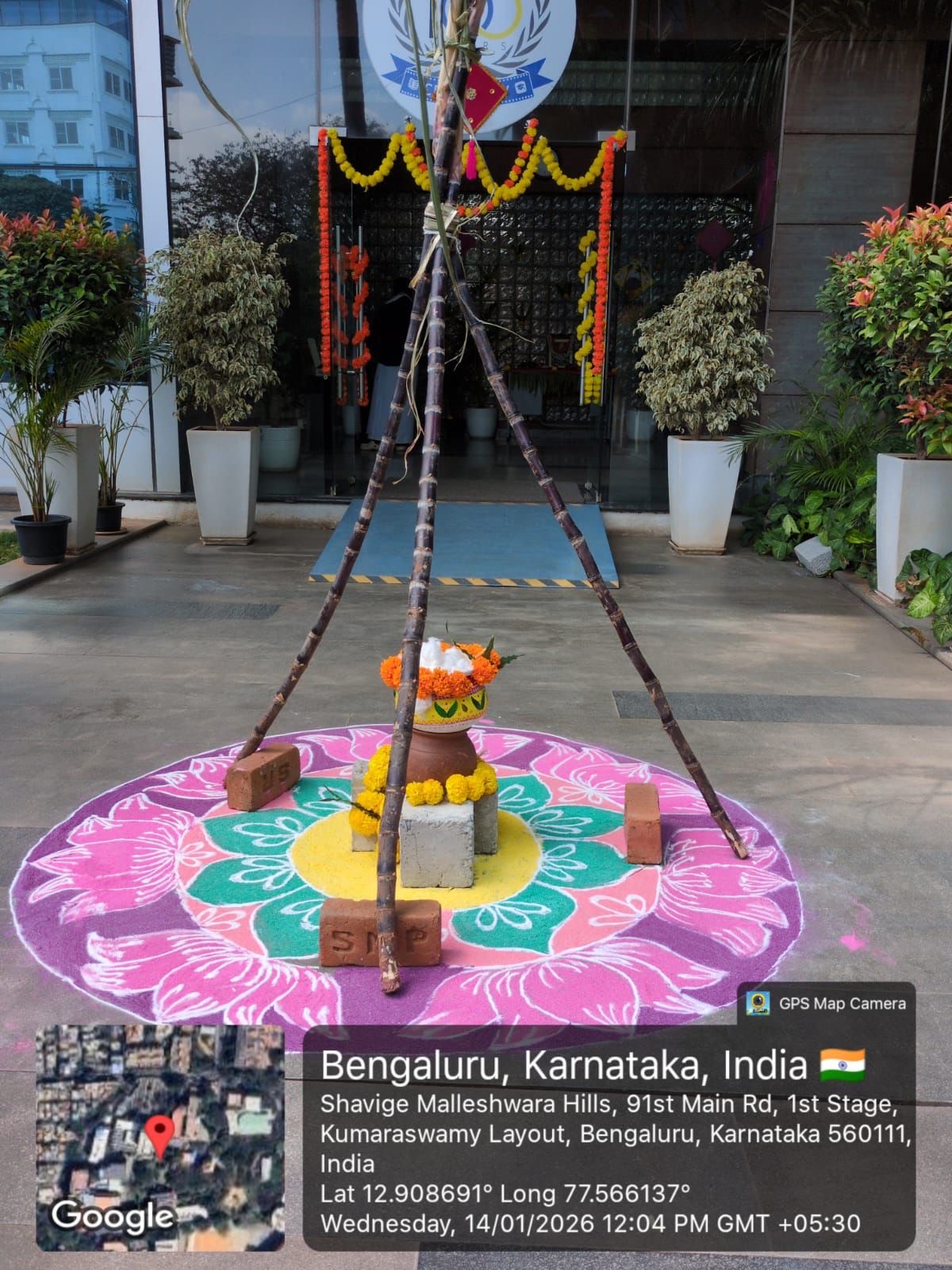 Makara Sankranti decoration at the clinical block entrance with rangoli and sugarcane
