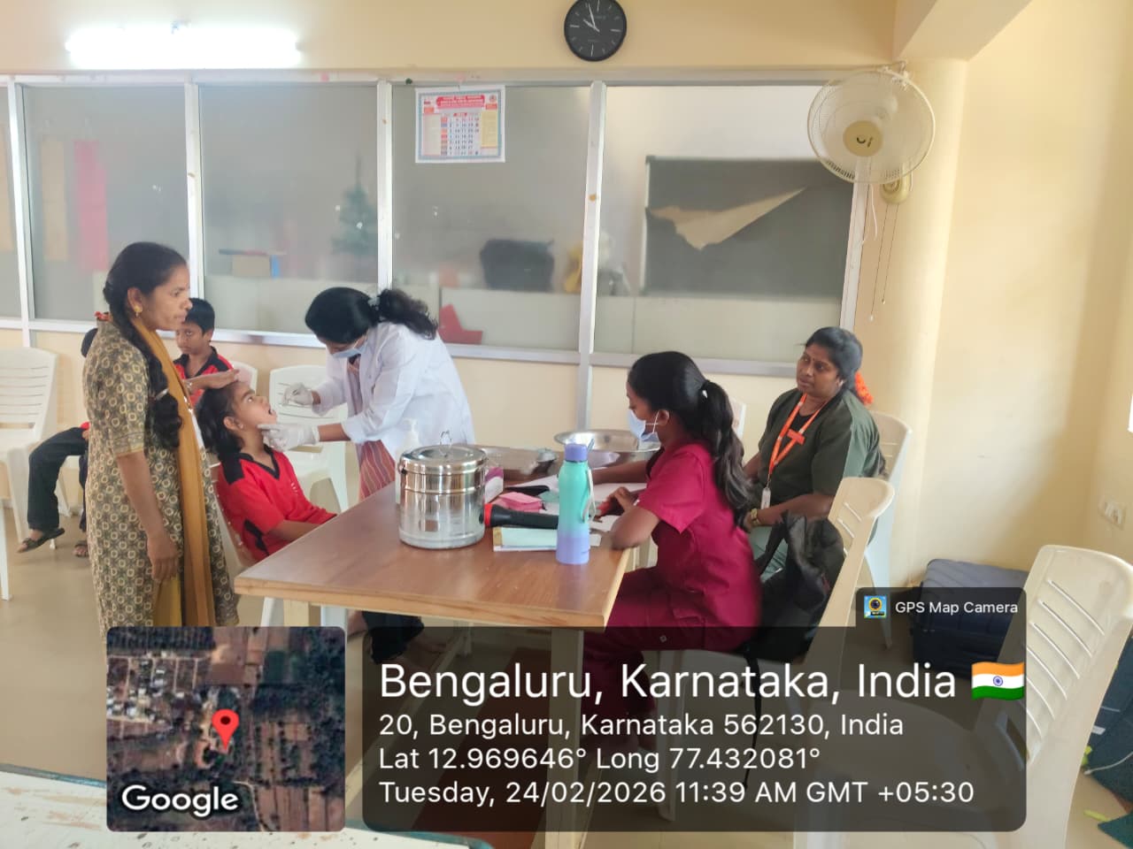 Dental treatment in progress inside a mobile dental unit